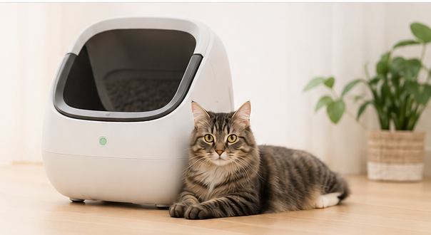Tabby cat resting beside a modern automatic litter box